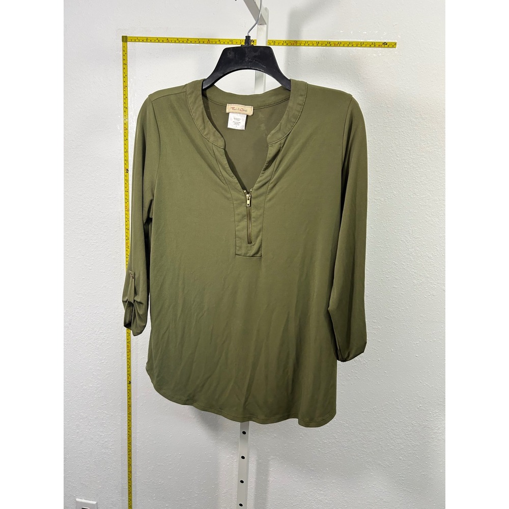 Front of‎ Closet Olive Green Zip Front Roll Tab Sleeve Blouse Top Large 1212T